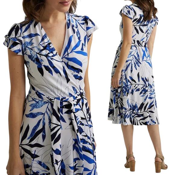 Joseph Ribkoff Midi Dress Tie Waist V Neck Surplice Palms Print Blue White 12 - Picture 1 of 6